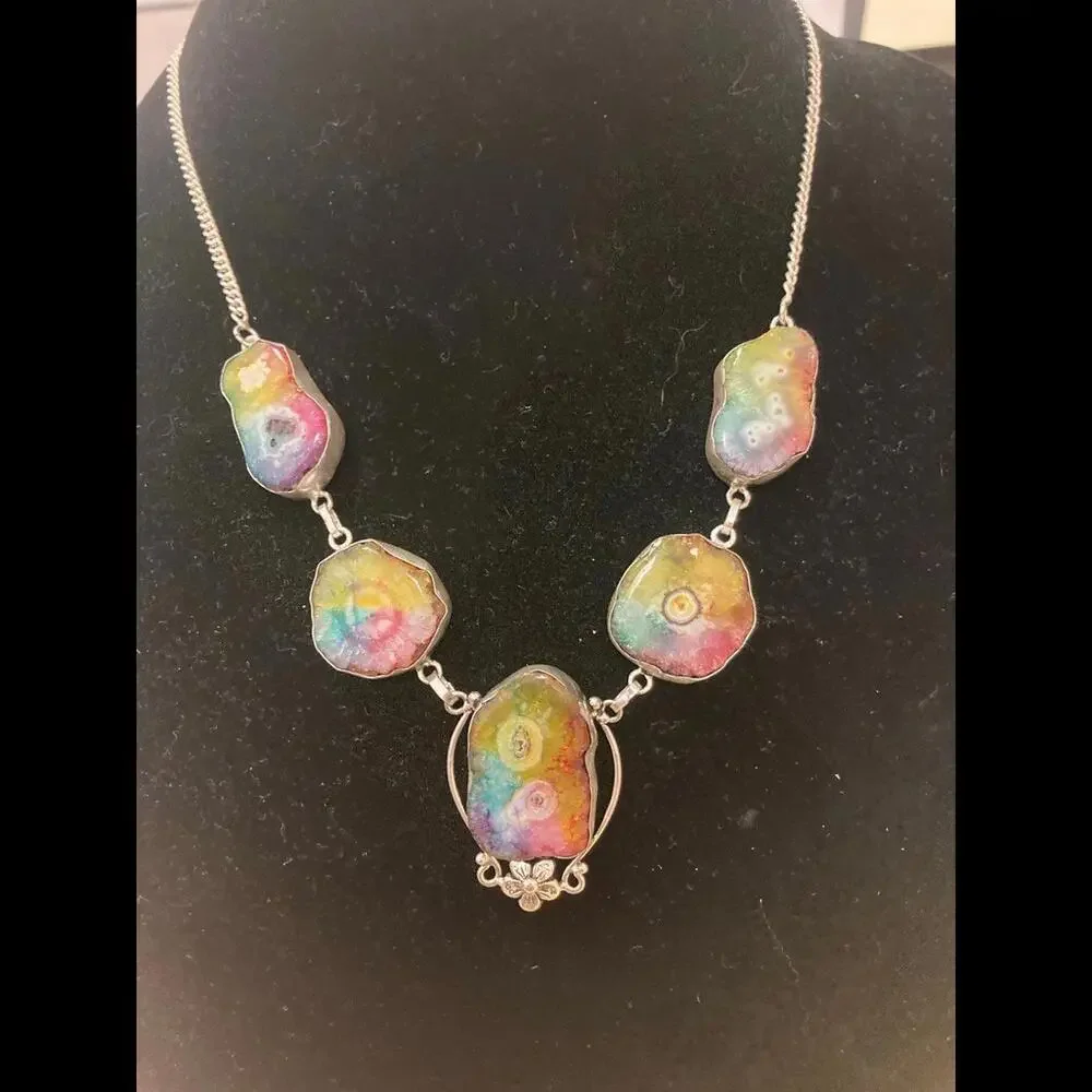 Stunning Sterling Rainbow Agate Stone Necklace - Picture 6 of 10
